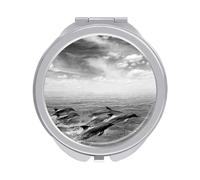 Black White Marine Dolphins Jumping Out of Sea Water Sky Folding Make Up Mirror, Compact 2X/1X Magnification Mirror, Women Portable Travel Makeup Mirror 2.4 x 2.4 inch