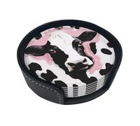Black White Milk Cow Round Leather Coasters (6 Pieces) - Drink Coaster Set For Desk, Modern Easy To Clean Home Office & Farmhouse Coasters