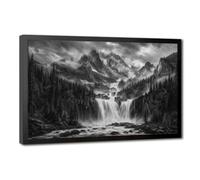 Black White Mountain Waterfall Pine Forest Foggy Wilderness Landscape Wall Art Canvas Printed Posters, Monochrome Nature Decor for Living Room Cabin Bedroom Office Entryway Home Decor Black Frame 08x1