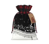 Black White Music Note Christmas Drawstring Linen Gift Bag Paired With Scottish Plaid Fabric, With A Delicate And Simple Texture