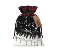 Black White Music Note Color Blocked Linen Drawstring Gift Bag, Reusable Gift Bag