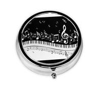 Black White Music Note Print Pill Box Purse Small Round Pill Case Decorative Box Metal Medicine Vitamin Pill Organizer for Pocket Or Purse