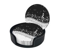 Black White Music Note Print Round Leather Coasters - Set Of 6, Ultra-Fiber Pu Leather