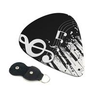 Black White Music Note Printed Guitar Picks, 6 Pack with Leather Keychain Pick Holder - 0.46mm, 0.71mm, 0.96mm Assorted Thickness for Acoustic Ukulele, Electric Guitar, Acoustic Guitar, Bass