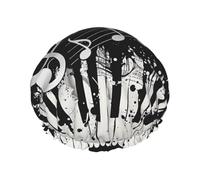 Black White Music Note Printed Shower Cap,Waterproof Shower Cap For Women Reusable Shower Hat Bath Caps With Elastic Band