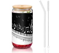 Black White Music Note Printing 16oz Drinking Glasses with Lids and Straws,Cute Water Glasses for Juice,Beer,Coffee,Tea