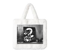 Black White Music Note Printing Fluffy Shoulder Bag Ladies Plush Underarm Bag Tote Bag Furry Purse Handbag For Work Travel, White, One Size