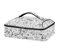 Black White Music Notes Piano Seamless Hipster Notebook Doodles Reusable Insulated Pizza Bag, Waterproof Food Delivery Bag, with Handle Lid Leakproof Pizza Holder Tote for Hot or Cold Food