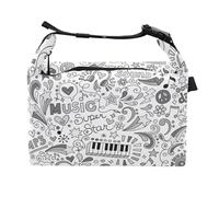 Black White Music Notes Piano Seamless Hipster Notebook Doodles Reusable Lunch Bag With Buckle Handle Adjustable Detachable Leakproof Insulated Tote for Picnics 9.4 x 6.7 x 9.8 inch