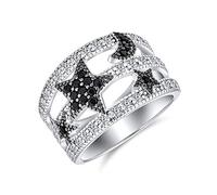 Black White Pave Cubic Zirconia CZ Fashion Celestial Patriotic USA American Rock Star Sparkly Wide Statement Band Ring For Women Teen Silver Plated
