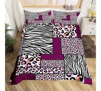 Black White Pink Purple Bedding Sets King Cheetah Leopard Comforter Cover, Checkered Grid Bed Set Wildlife Patchwork Duvet Cover, Zebra Print Quilt Cover Animal Print Decor 3Pcs (Zipper Closure)