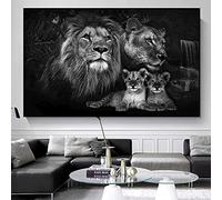 Black White Poster and Prints Animal Art Canvas Painting Baby Lion Family Wall Art Picture for Living Room Home Decor 90x130cm (35x51in) With frame