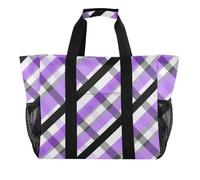 Black White Purple Checkered Plaid Utility Tote Foldable Sandproof Canvas Large Beach Bag, Black white purple checkered plaid, One Size, Fashion