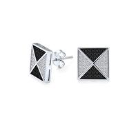 Black White Pyramid Square Shaped Cubic Zirconia Square Micro Pave CZ Stud Earrings For Men .925 Sterling Silver 11MM