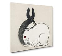 Black & White Rabbits by Kono Bairei Canvas Print | Gallery Wrapped 30mm Frame Wall Art | 14x14 inches | Ready to Hang | Modern Animal Picture | Living Room Bedroom Lounge Office