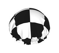 Black White Race Checkered Flag Pattern Shower Cap Women Reusable Long Hair Caps Adjustable Double Layer Bathing Shower Hat For Women Kids Suitable For All Lengths