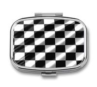 Black White Race Checkered Flag Pill Box - 2 Compartment Travel Pill Organizer with Small Mirror, Portable Pillcase for Pocket & Purse, Cute Square Medicine Case, Weekly Medicine Container