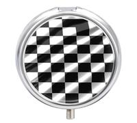 Black White Race Checkered Flag Pill Box 3 Compartment Travel Pill Organizer with Small Mirror Portable Pillcase for Pocket & Purse Cute Round Medicine Case Weekly Medicine Container
