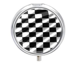 Black White Race Checkered Flag Pill Box 3 Compartment Travel Pill Organizer with Small Mirror Portable Pillcase for Pocket & Purse Cute Round Medicine Case Weekly Medicine Container