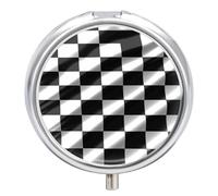 Black White Race Checkered Flag Pill Case 3 Compartment Portable Pill Box Daily Round Pill Organizer for Pocket Purse Daily Medicine Container to Hold Vitamins Fish Oil Travel Gifts