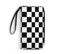 Black White Race Checkered Flag Printed Wristlet Wallets for Men Women Leather Long Wallet Credit Card Clutch with Cord
