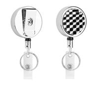 Black White Race Checkered Flag Retractable Work Badge Holder Keychain Badge Reel 24.4" Cord & 360° Swivel Alligator Clip Heavy Duty Id Name Tag Holder for Nurses Doctors Teachers Office Workers