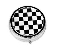 Black White Race Checkered Flag This Small, Round Pill Box is a Portable Travel Medicine Organizer with Three compartments for Storing Daily medications.
