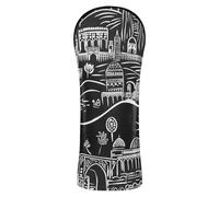 Black White Retro Architectural Aesthetics Golf Club Head Covers Premium Leather Accessories with Interchangeable No. Tags for Driver, Fairway Wood Hybrid