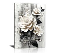 Black White Rose Flowers Canvas Wall Art Grey White Floral Wall Decor Picture White Blooming Flowers Poster Print Painting for Bathroom Office Living Room Bedroom Home Decorate Ready To Hang 40X60cm