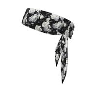 Black White Rose Print Sports Headband, Adjustable Head Tie For Running, Tennis & Workouts, Soft Fit