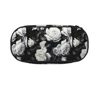 Black White Rose Print Unisex Pencil Case Pouch - Compact Design for Pencils, Small Items - Double-Headed Zipper