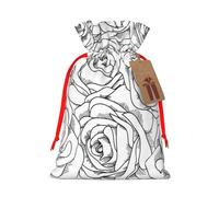 Black White Rose Printed Christmas Drawstring Bags with Red Ribbon - Reusable Burlap Drawstring Gift Pouches, S