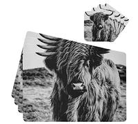Black White Scottish Highland Cow Vintage Style 4 PCs Waterproof PVC Leather Table Placemat with 4 PCs Mug Coaster, Non-Slip Place Mats Holder with Cup Mat, Desk Pad for Dining