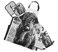 Black White Scottish Highland Cow Vintage Style 5 Pcs Set Cooking Apron Heat Insulated Oven Mitts with Pot Holder Pad, Kitchen Oven Gloves Protectors Mat for Grilling Baking
