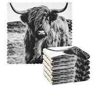 Black White Scottish Highland Cow Vintage Style 6 Set Kitchen Dish Towels, Washcloths Cleaning Cloths Dish Cloths, Absorbent Towels Lint Free Bar Tea Soft Waffle Towel 11"x11"