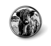 Black White Scottish Highland Cow Vintage Style Round Badge Smooth Surface Lapel Tie Pin, Lightweight Badge for Women Men Office Worker Nurse Teacher Student Shirts Backpack