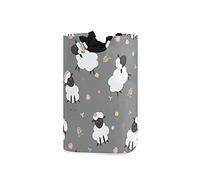 Black White Sheep Lambs Wild Flowers on a Dark Gray Background Laundry Hamper Basket Bucket, Foldable Dirty Clothes Bag, Waterproof Fabric Washing Bin, Toy Storage with Handles for Bathroom