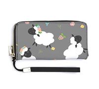 Black White Sheep Lambs Wild Flowers on a Dark Gray Background Long Clutch Wallet, Long Handbag with Removable Wristlet Strap, PU Leather Zip Purse, Credit Pass Case Card-Holder for Men Women
