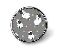 Black White Sheep Lambs Wild Flowers on a Dark Gray Background Round Badge Smooth Surface Lapel Tie Pin, Lightweight Badge for Women Men Office Worker Nurse Teacher Student Shirts Backpack