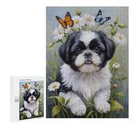 Black White Shih Tzu With Flower Oil Painting 500-Piece Puzzle for Adults - Jigsaw Puzzle Featuring Playful Canine Companions,Wooden