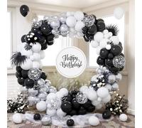 Black White Silver Balloon Arch Kit, 140 Pcs Matte Black White Balloon Garland Set with Metallic Silver Confetti latex Balloons for Birthday Graduation Anniversary New Years Eve Party Decorations
