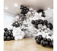 Black White Silver Balloon Arch Kit Garland - 135Pcs Black and White Balloon Arch, Metallic Silver Latex Confetti Balloons for Birthday Baby Shower Wedding Graduation Anniversary Party Decorations