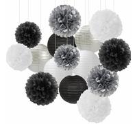 Black White Silver Party-Decorations Paper Flowers Lanterns - 15PCS Birthday Halloween Wedding Tissue Pom Poms Streamers, Halloween Prom Baby Shower Bachelorette Hanging Supplies Decor Hugfond