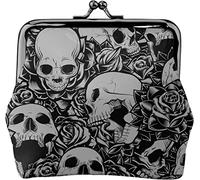 Black White Skull Rose Rock Pattern Buckle Leather Coin Purses Vintage Pouch Kiss Lock Change PurseWallets for Women Girls