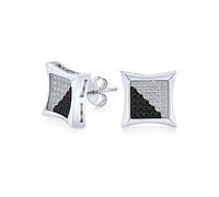 Black White Square Cubic Zirconia CZ Micro Pave Kite Shaped Stud Earrings For Men Concave .925 Sterling Silver 10MM
