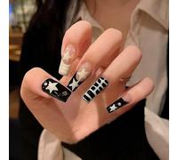 Black White Star Design Short Square Artificial Nails - 24pcs French Tip Press On Coffin False Nails Kit with Elegant Touch for Women, Glossy Finish Monochrome Manicure Set for Stylish Occasions