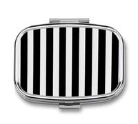 Black & White Stripe Pill Box 2 Compartment, Portable Pill Case with Mirror for Pocket Purse Travel, Mini Metal Medicine Organizer for Vitamins Fish Oil