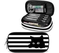 Black White Striped Cat Large Pencil Case Big Capacity Cute Pencil Pouch for Girls Boys Teen Women Men, Portable Kids Pencil Bag with Zipper, Stationery Storage Pen Bag for School Office Organizer