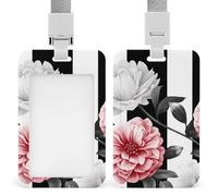 Black White Striped Flowers Badge Holder with Lanyard - Waterproof Hard Plastic ID Card Holder Professional Name Tag Vertical ID Card Name Badge for Office Nurse Doctor Teacher