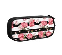 Black White Striped Flowers Large Capacity Double Layer Pencil Case,Customizable Full Print Polyester Fabric Organizer-School, Office, Travel Makeup Pouch